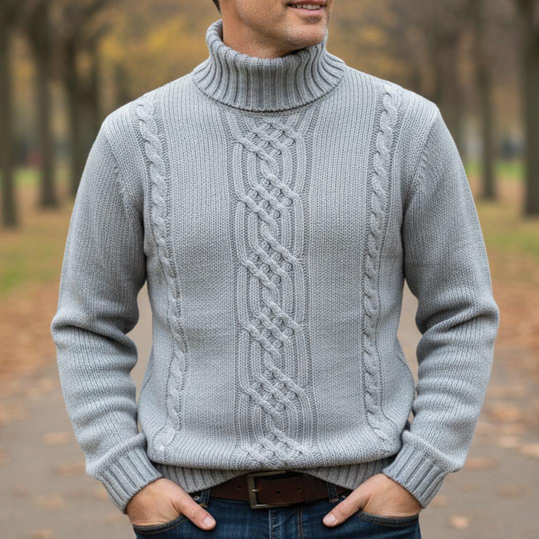 Men's Merino Wool Roll Neck Cable Knit Jumper