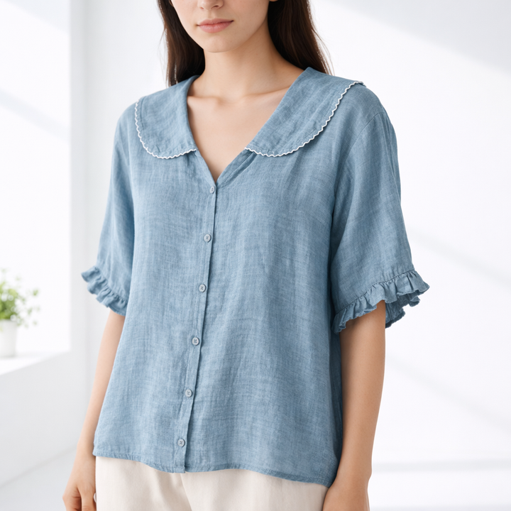 Women's Linen Blend Peter Pan Collar Short Sleeve Blouse Top
