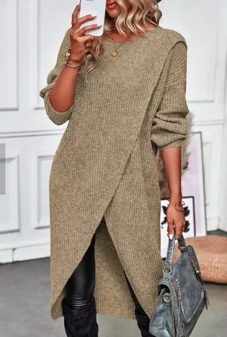 Women’s Merino Wool Longline Crewneck Knit Tunic Sweater