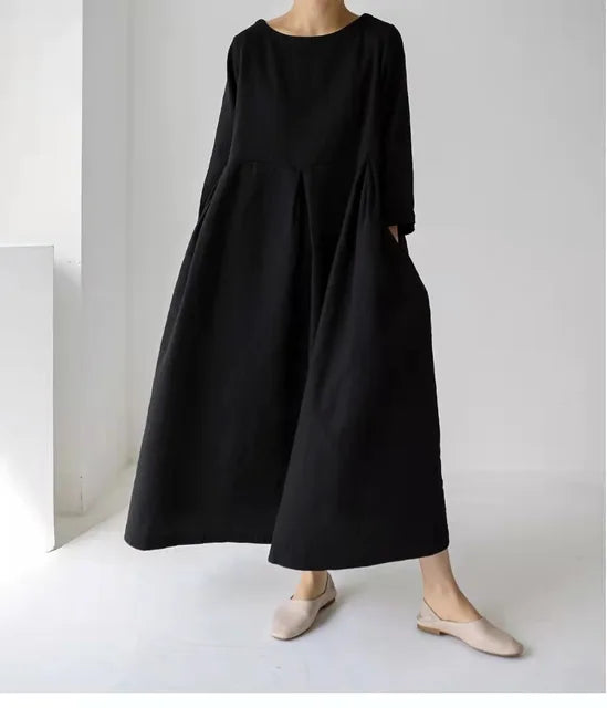 Women's Linen Maxi Dress Loose Fit Long Sleeve Kaftan Dress