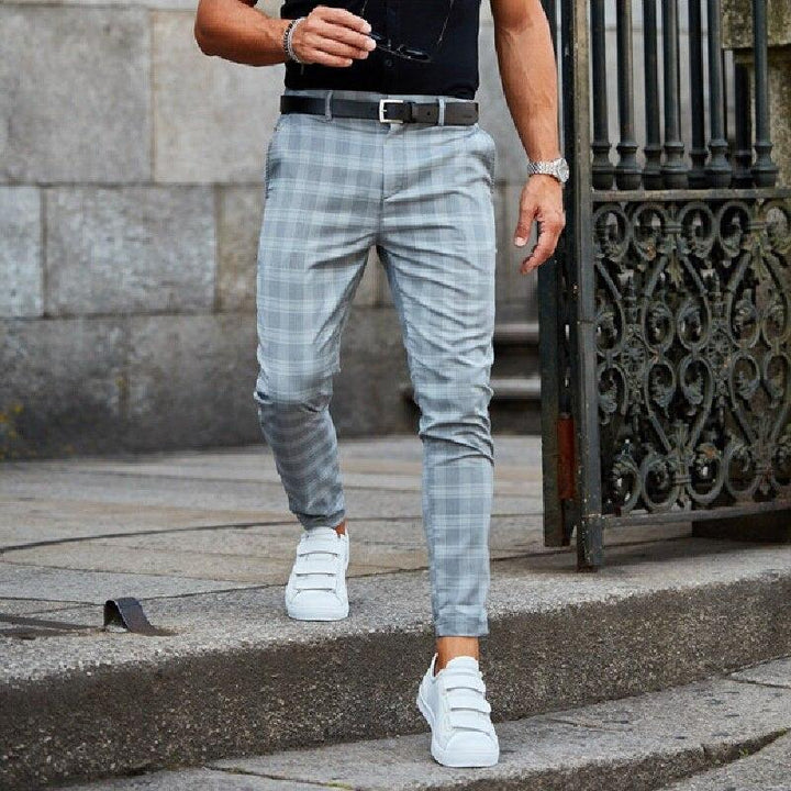 Men's Plaid Check Slim Fit Smart Wool Mix Trousers