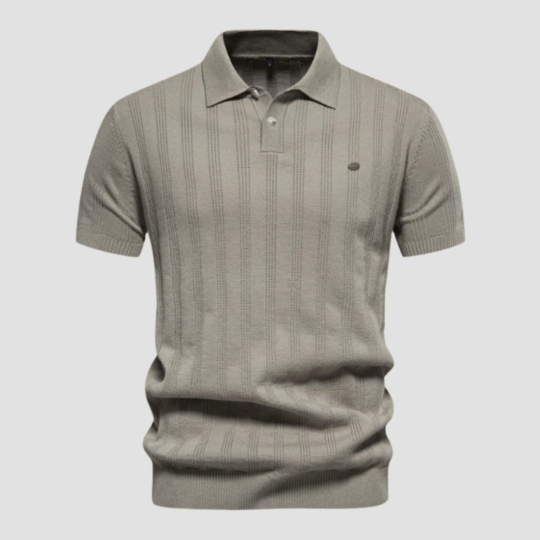 Men's Knit Polo Shirt Merino Wool Short Sleeve Vertical Ribbed Top