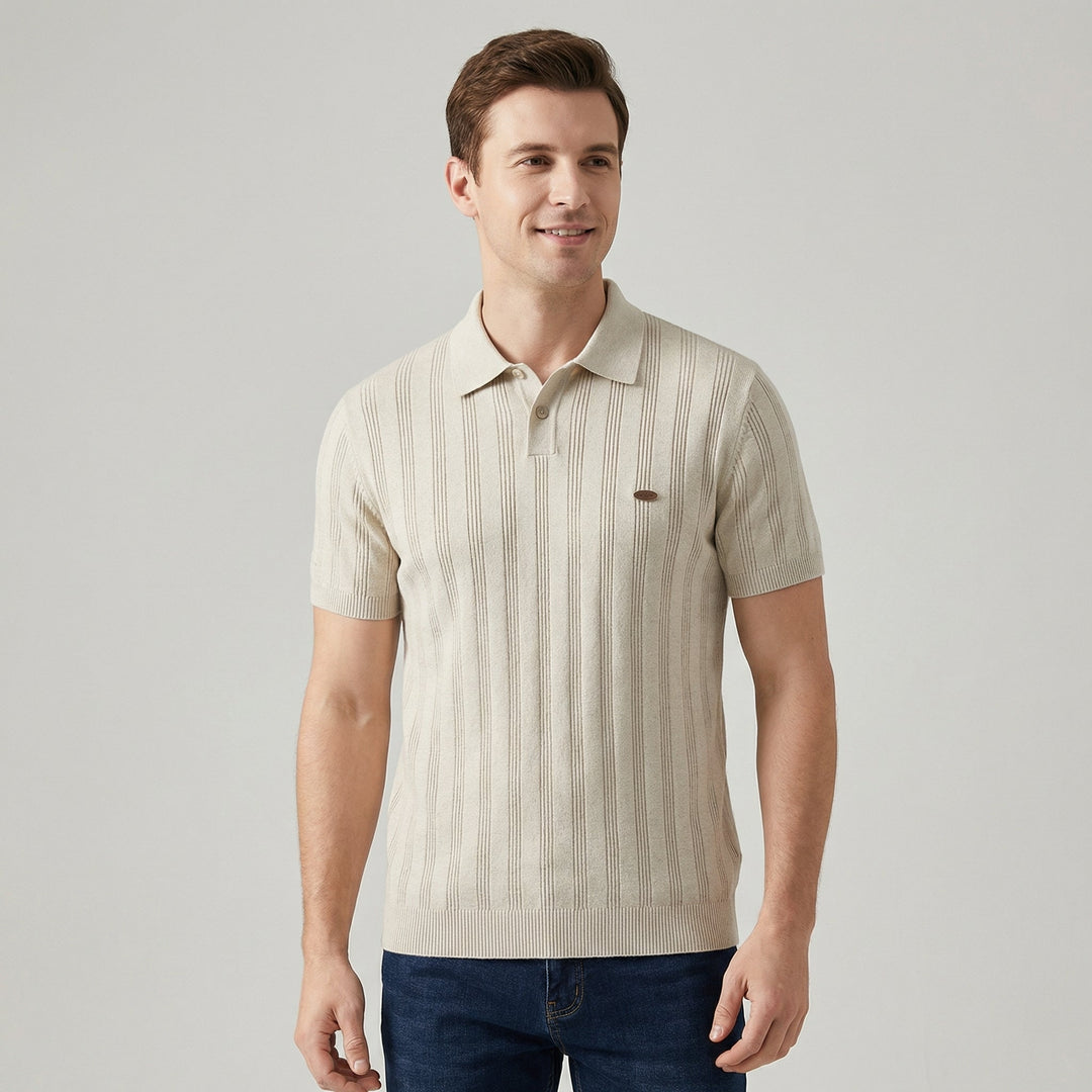 Men's Knit Polo Shirt Merino Wool Short Sleeve Vertical Ribbed Top
