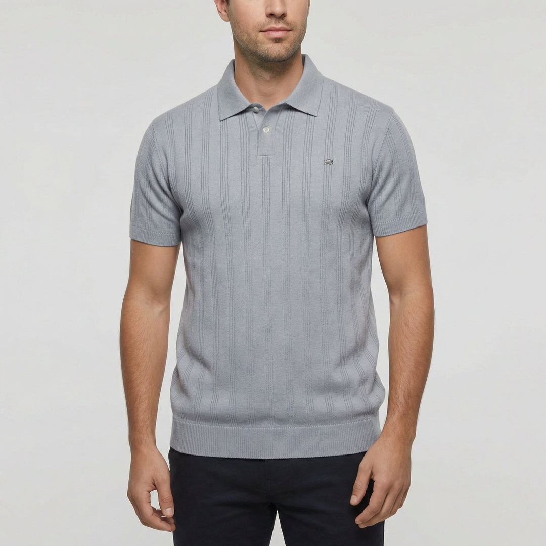 Men's Knit Polo Shirt Merino Wool Short Sleeve Vertical Ribbed Top