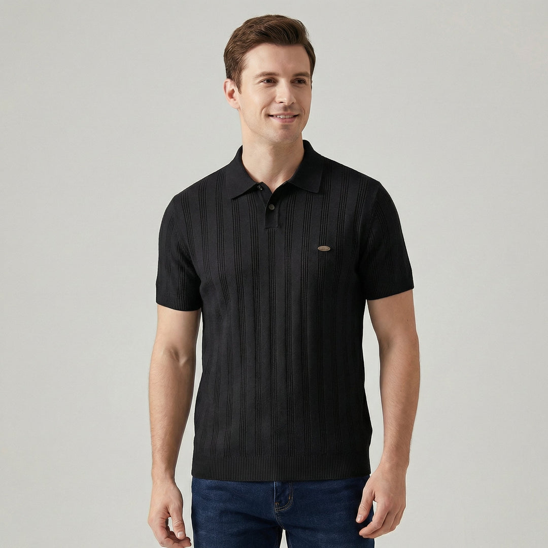 Men's Knit Polo Shirt Merino Wool Short Sleeve Vertical Ribbed Top