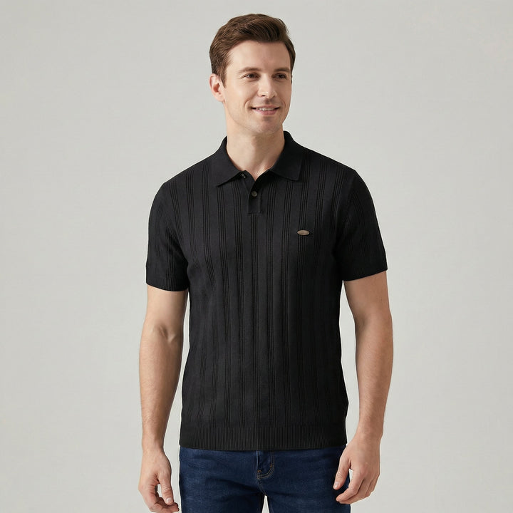 Men's Knit Polo Shirt Merino Wool Short Sleeve Vertical Ribbed Top