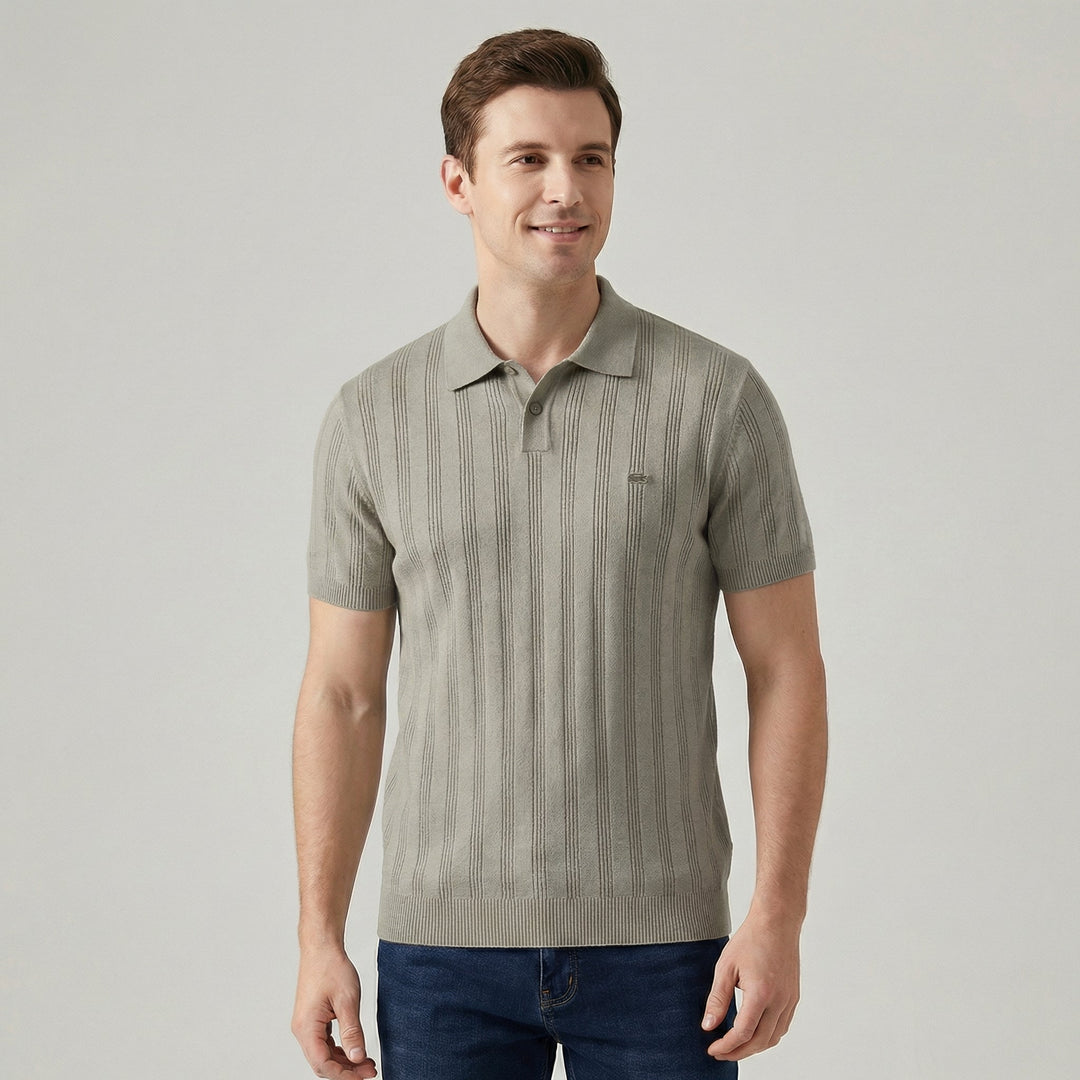 Men's Knit Polo Shirt Merino Wool Short Sleeve Vertical Ribbed Top