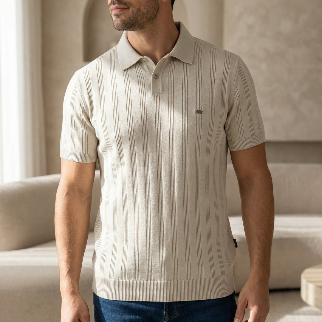 Men's Knit Polo Shirt Merino Wool Short Sleeve Vertical Ribbed Top