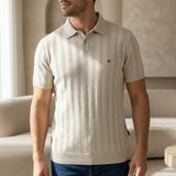 Men's Knit Polo Shirt Merino Wool Short Sleeve Vertical Ribbed Top