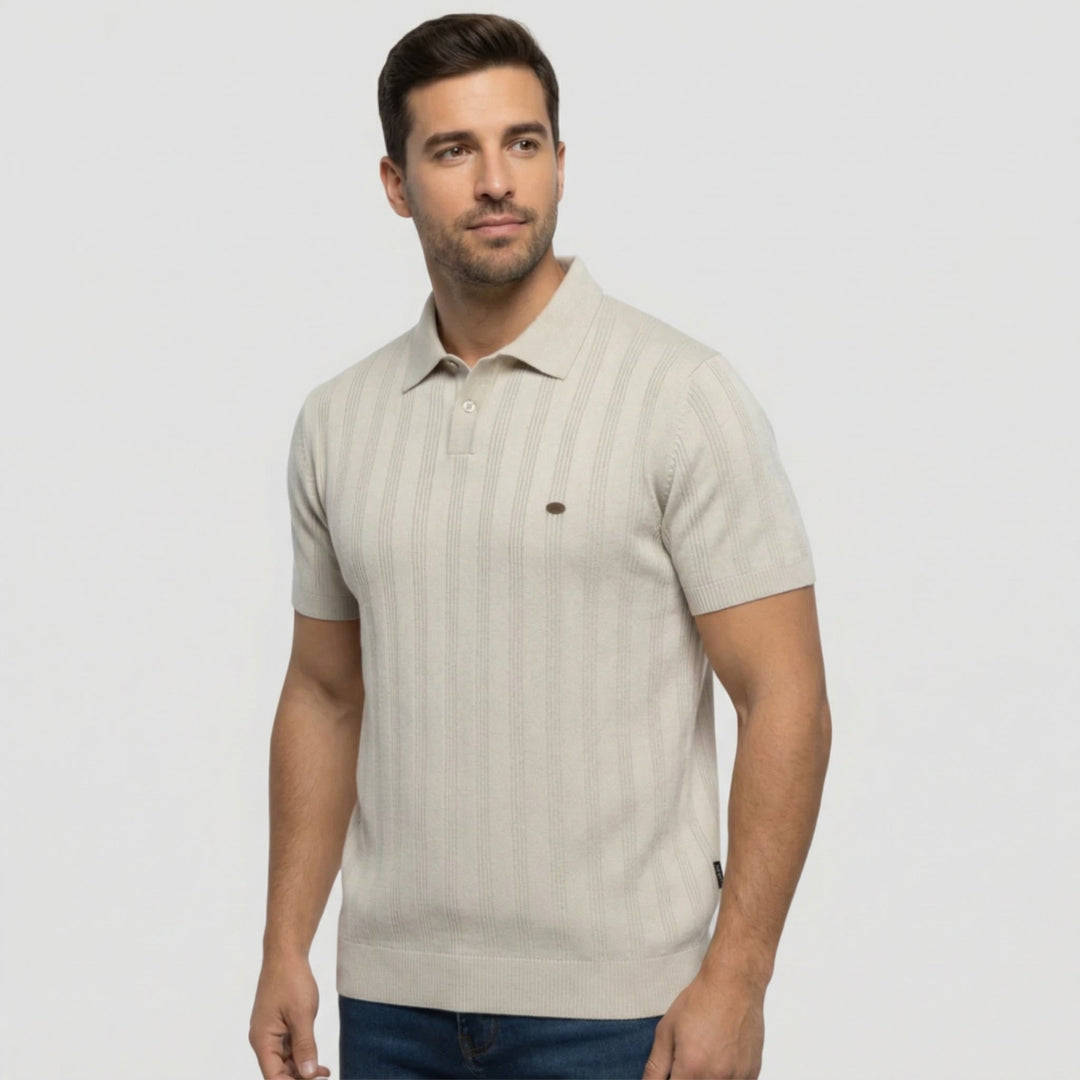 Men's Knit Polo Shirt Merino Wool Short Sleeve Vertical Ribbed Top