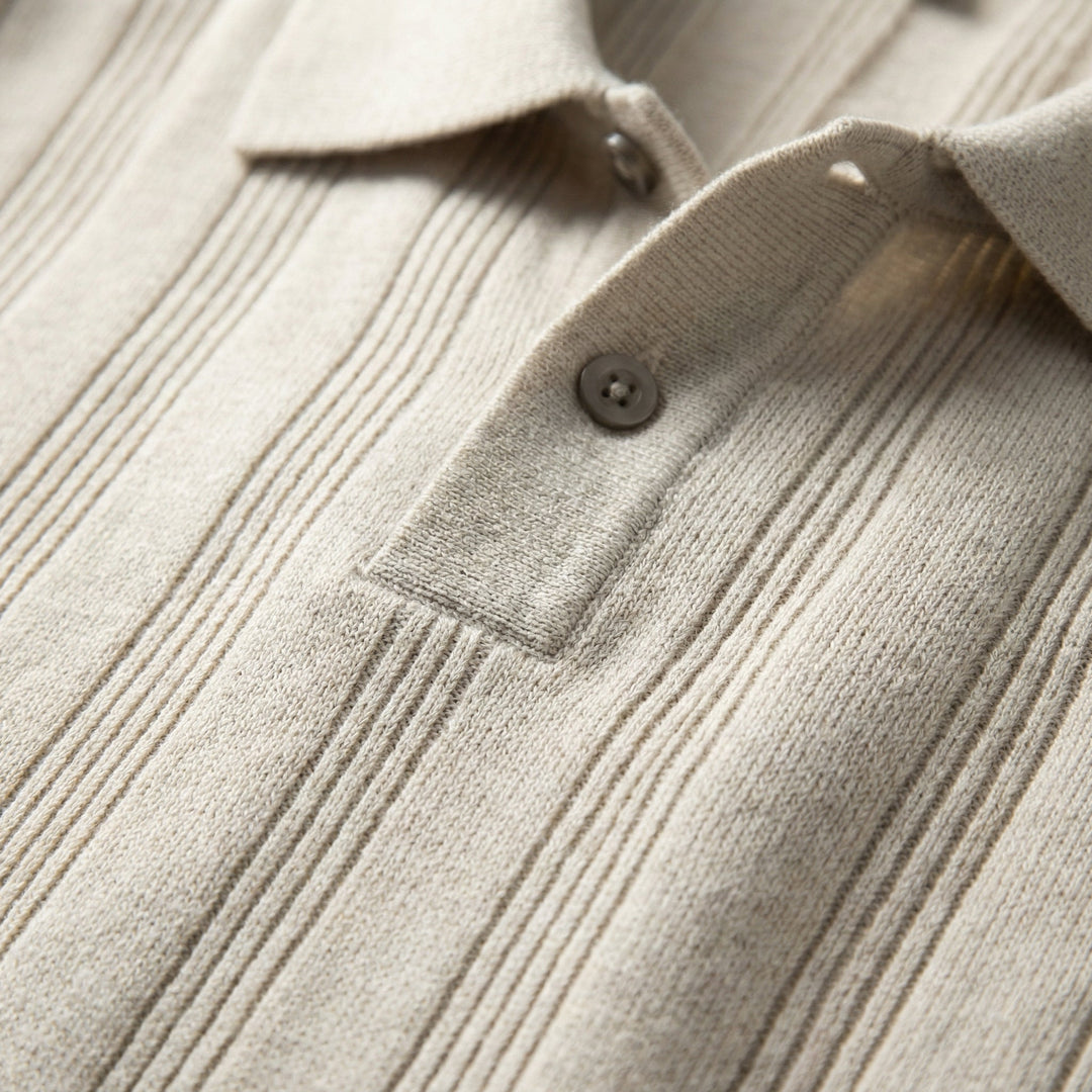 Men's Knit Polo Shirt Merino Wool Short Sleeve Vertical Ribbed Top