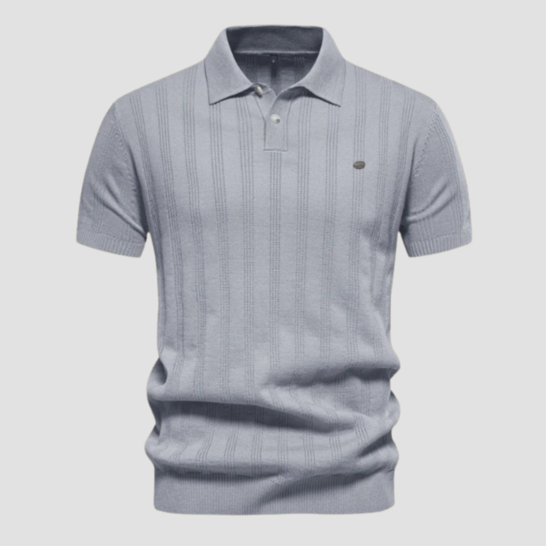 Men's Knit Polo Shirt Merino Wool Short Sleeve Vertical Ribbed Top