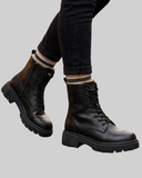 Women's Leather Combat Boots Fleece Lined Ankle Shoes