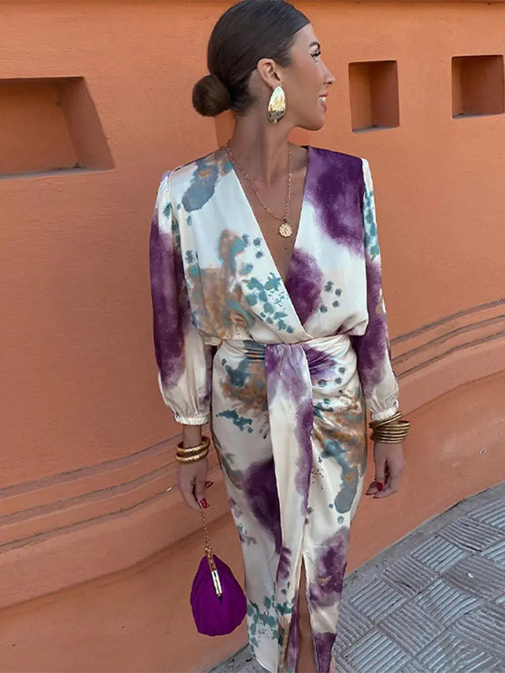 Women's Knit V-Neck Floral-Print Wrap Midi Dress