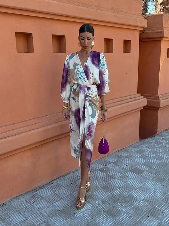 Women's Knit V-Neck Floral-Print Wrap Midi Dress