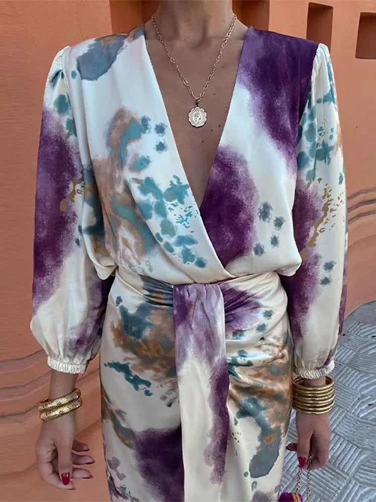 Women's Knit V-Neck Floral-Print Wrap Midi Dress