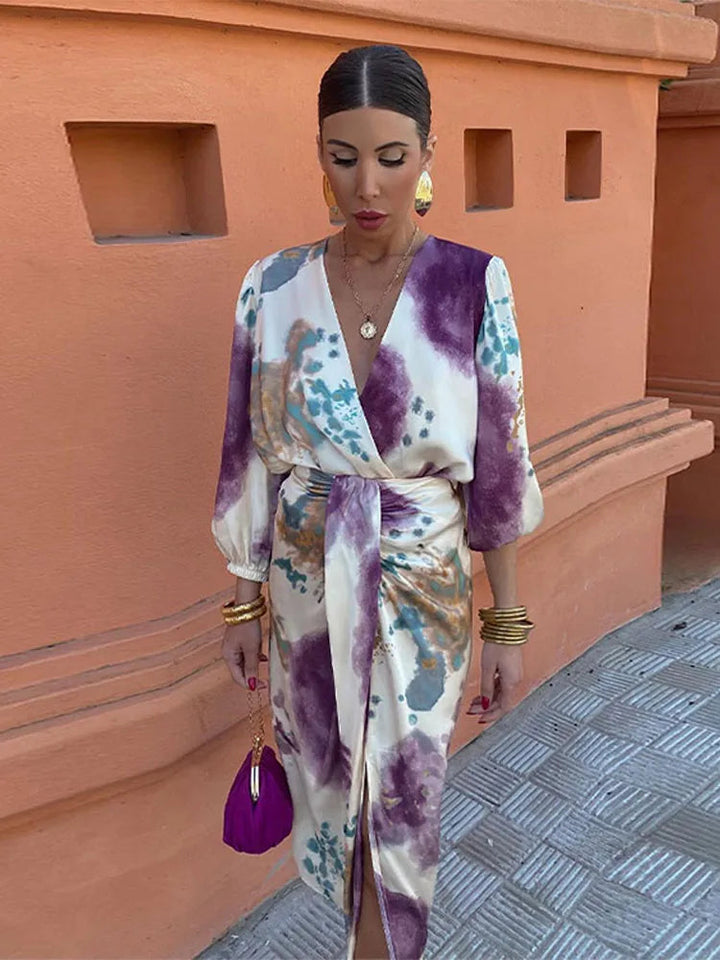 Women's Knit V-Neck Floral-Print Wrap Midi Dress