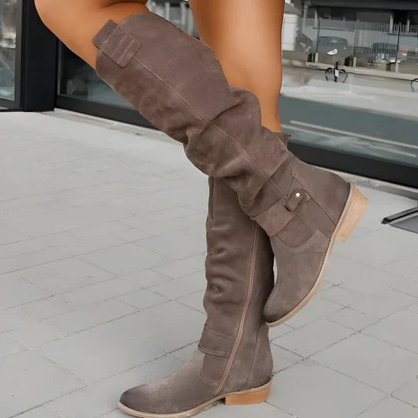 Women's Leather Slouch Knee-High Low-Heel Boots