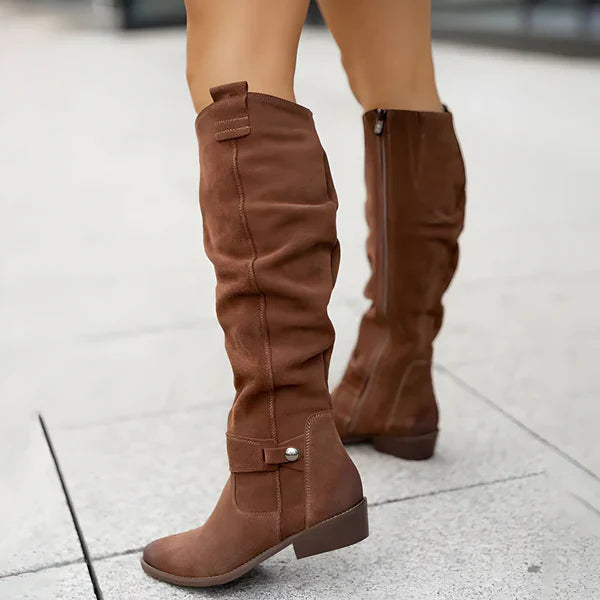 Women's Leather Slouch Knee-High Low-Heel Boots
