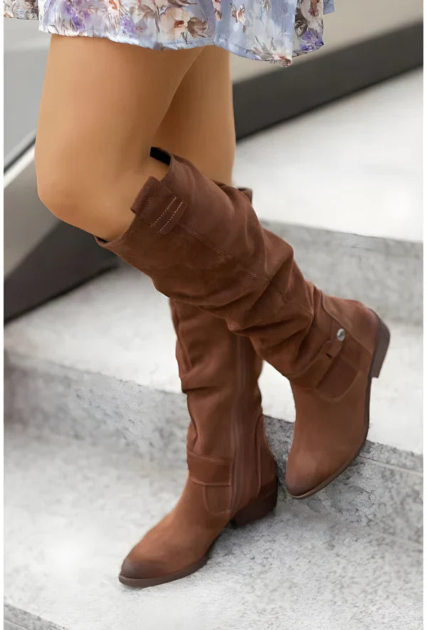 Women's Leather Slouch Knee-High Low-Heel Boots