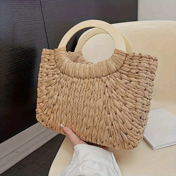 Woven Straw Handbag Women's Satchel Bag with Wooden Handle