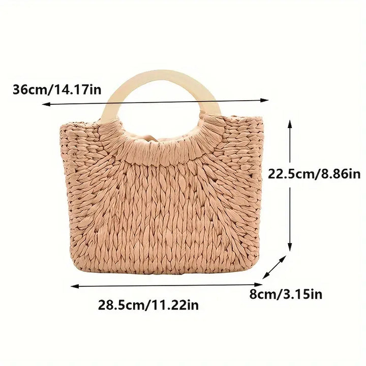 Woven Straw Handbag Women's Satchel Bag with Wooden Handle