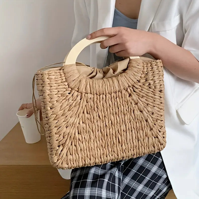 Woven Straw Handbag Women's Satchel Bag with Wooden Handle