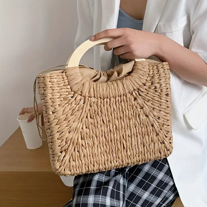 Woven Straw Handbag Women's Satchel Bag with Wooden Handle