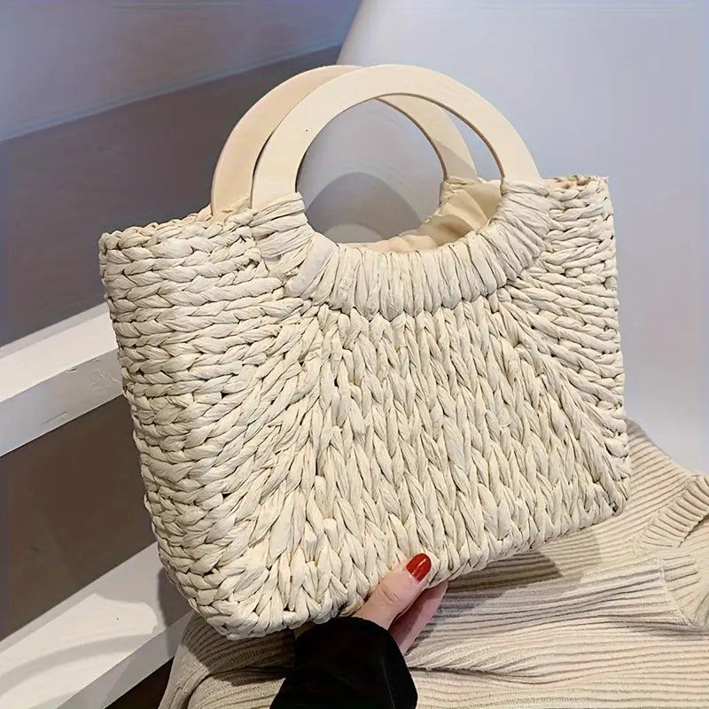 Woven Straw Handbag Women's Satchel Bag with Wooden Handle