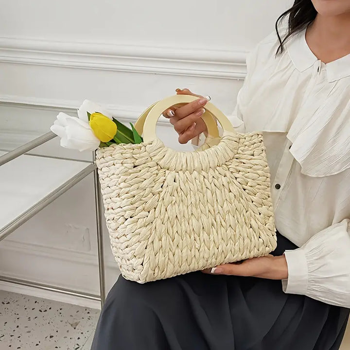Woven Straw Handbag Women's Satchel Bag with Wooden Handle