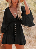 Women's Linen-Blend Lace V-Neck Flare Sleeve Mini Dress
