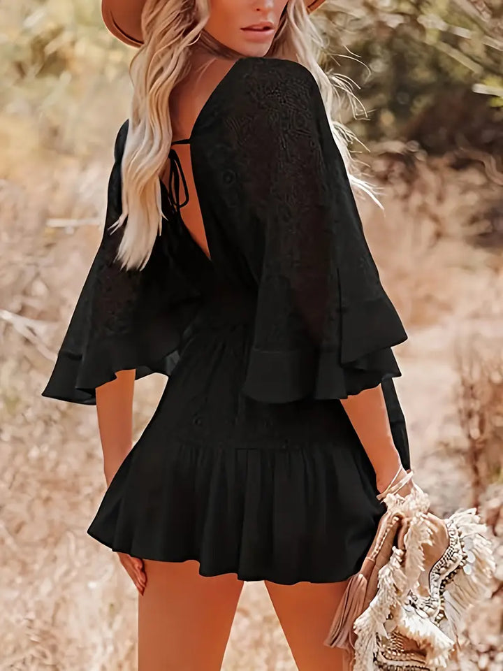 Women's Linen-Blend Lace V-Neck Flare Sleeve Mini Dress