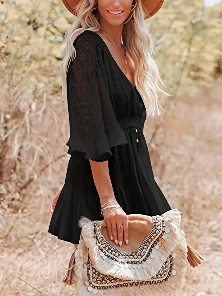 Women's Linen-Blend Lace V-Neck Flare Sleeve Mini Dress