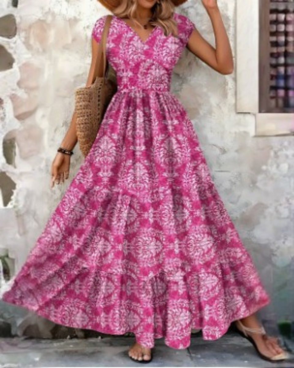 Robe maxi en lin pour femme à manches courtes, col en V, imprimé floral bohème