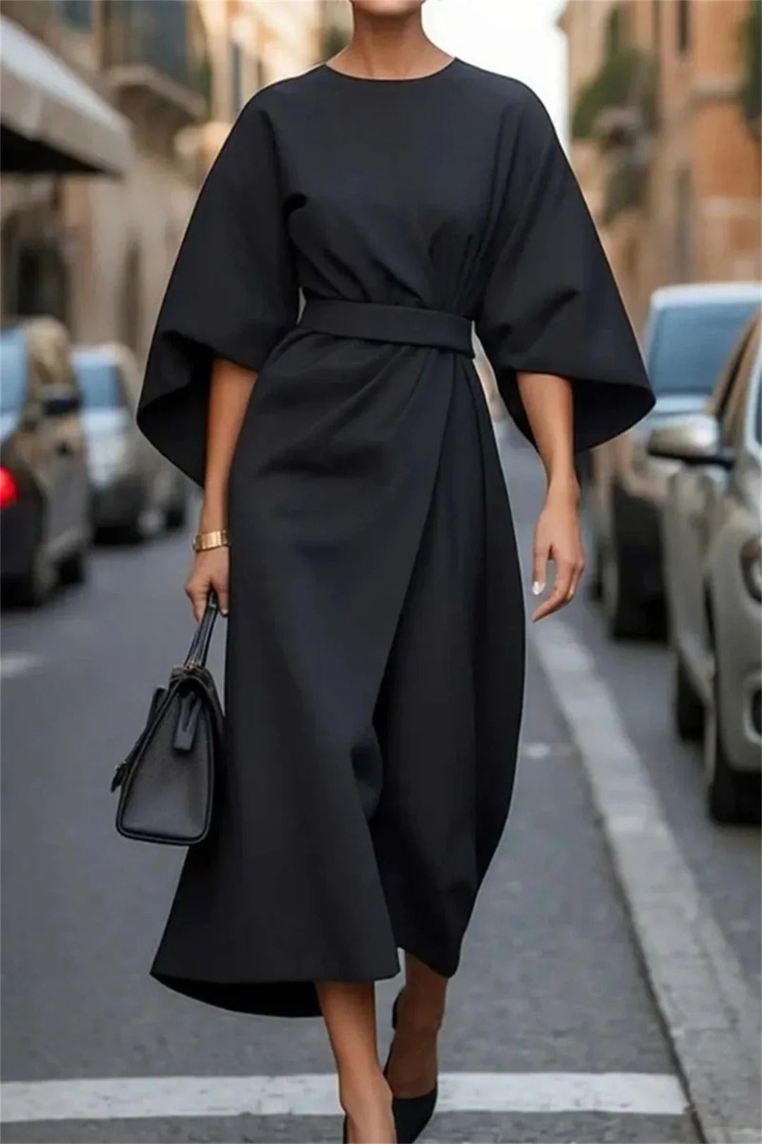 Women's Linen Blend Midi Dress with Belted Waist and Bell Sleeves