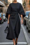 Women's Linen Blend Midi Dress with Belted Waist and Bell Sleeves