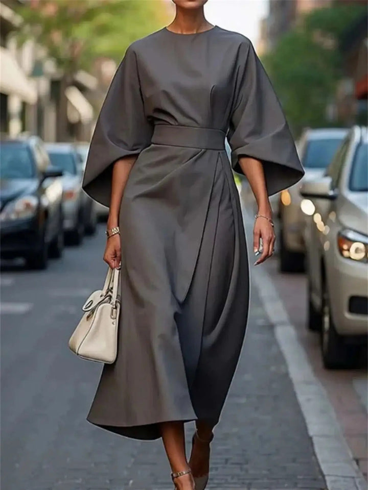 Women's Linen Blend Midi Dress with Belted Waist and Bell Sleeves