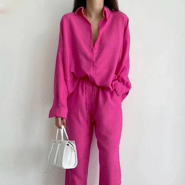 Women's Linen Button-Down Shirt & Wide Leg Pants Set