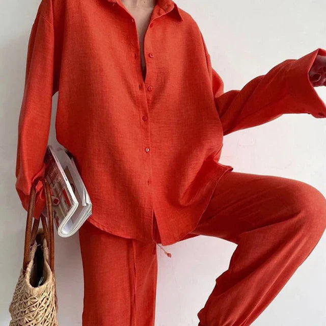 Women's Linen Button-Down Shirt & Wide Leg Pants Set