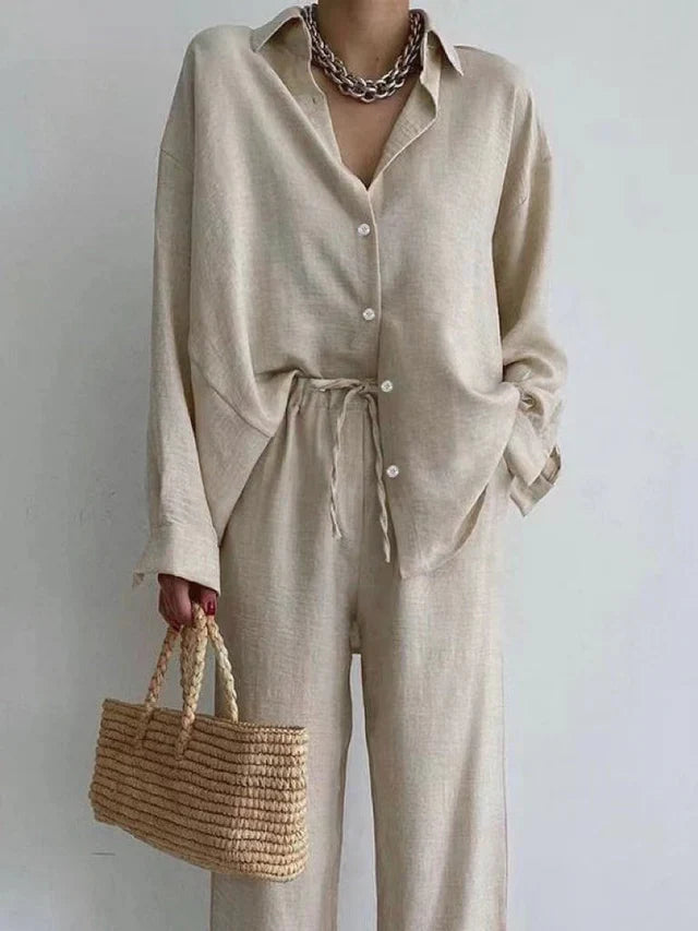Women's Linen Button-Down Shirt & Wide Leg Pants Set