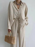 Women's Linen Button-Down Shirt & Wide Leg Pants Set