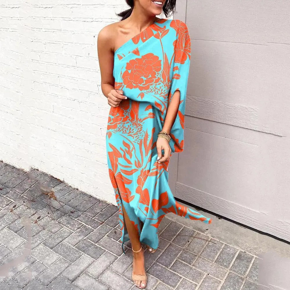 Women's One Shoulder Maxi Dress Satin Floral Print Party Wear