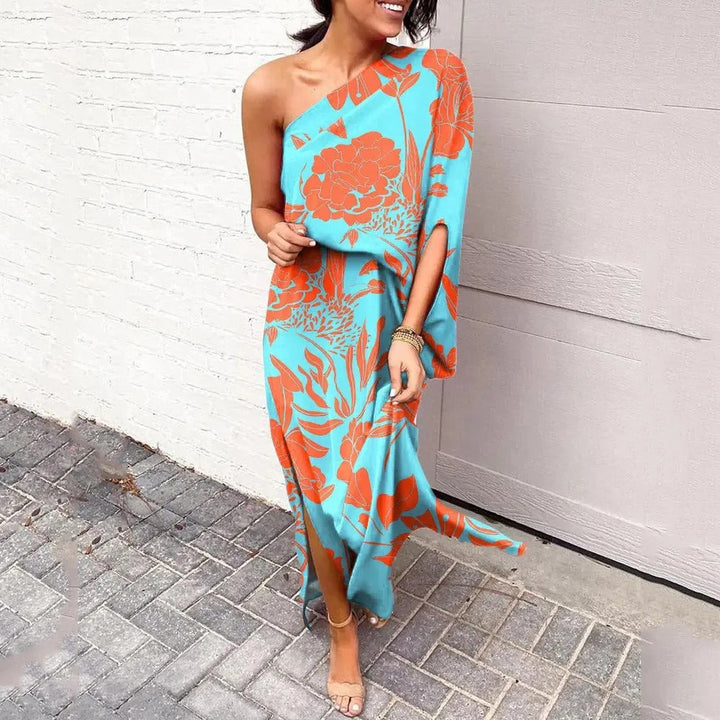 Women's One Shoulder Maxi Dress Satin Floral Print Party Wear