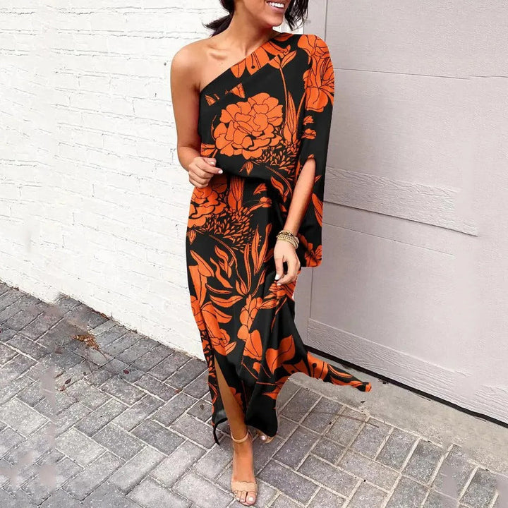 Women's One Shoulder Maxi Dress Satin Floral Print Party Wear
