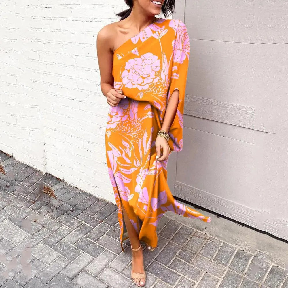 Women's One Shoulder Maxi Dress Satin Floral Print Party Wear