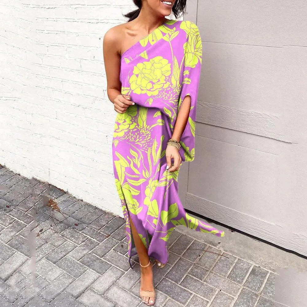Women's One Shoulder Maxi Dress Satin Floral Print Party Wear