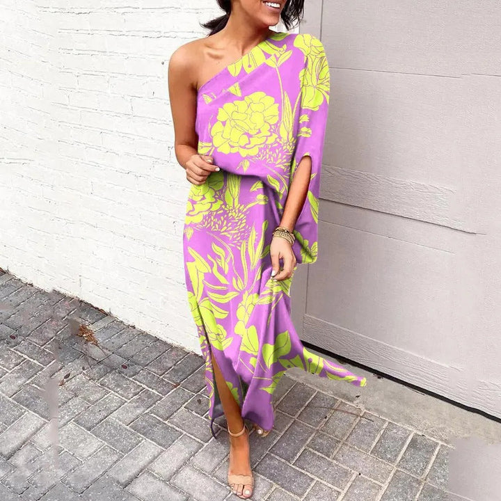 Women's One Shoulder Maxi Dress Satin Floral Print Party Wear