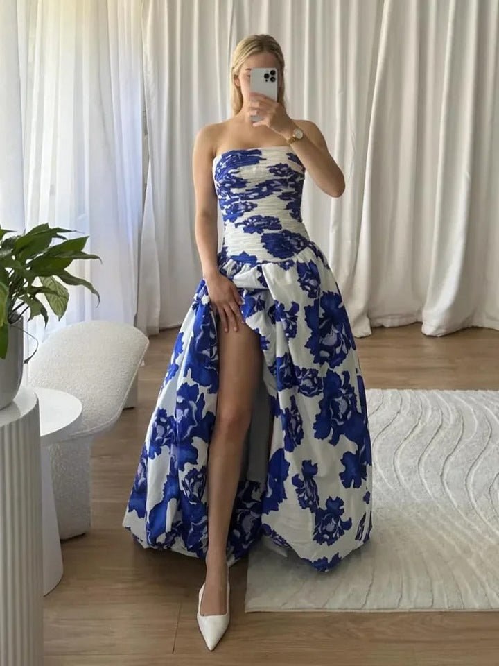 Damska lniana sukienka maxi w kwiaty, formalna suknia wieczorowa