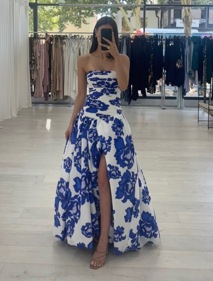 Damska lniana sukienka maxi w kwiaty, formalna suknia wieczorowa