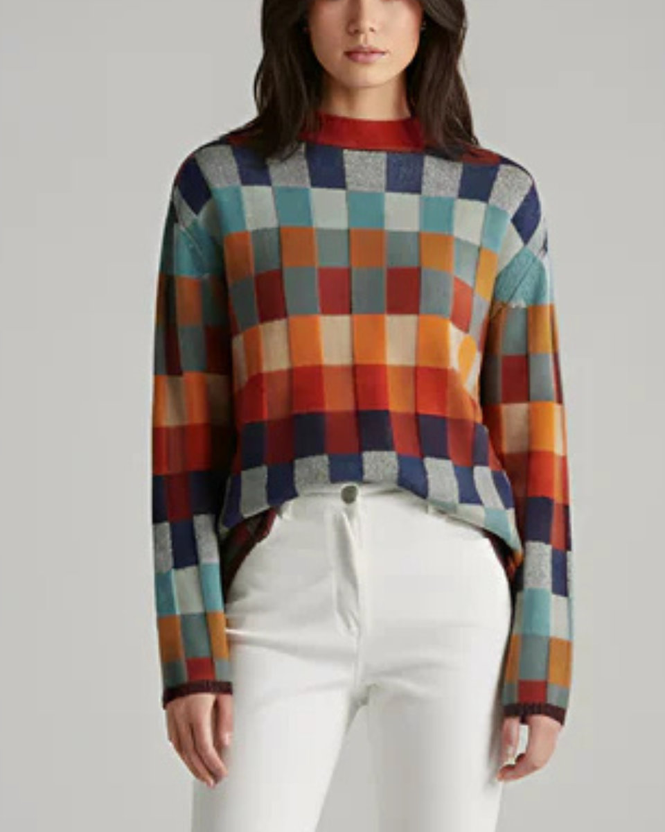 Women's Merino Wool Sweater Multi-Block Crew Neck Pullover
